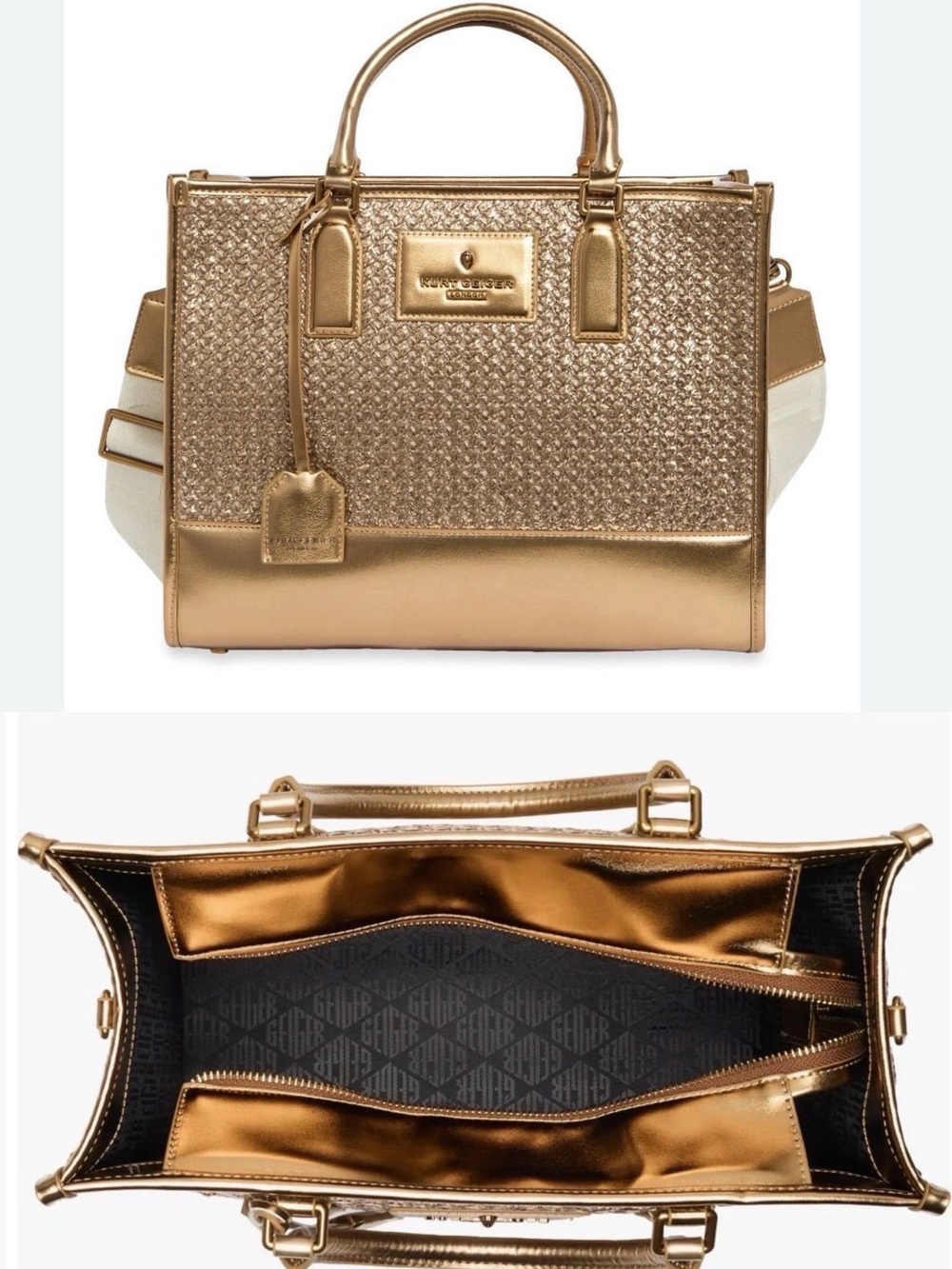 Kurt Geiger Metallic Gold Woven-Texture Tote